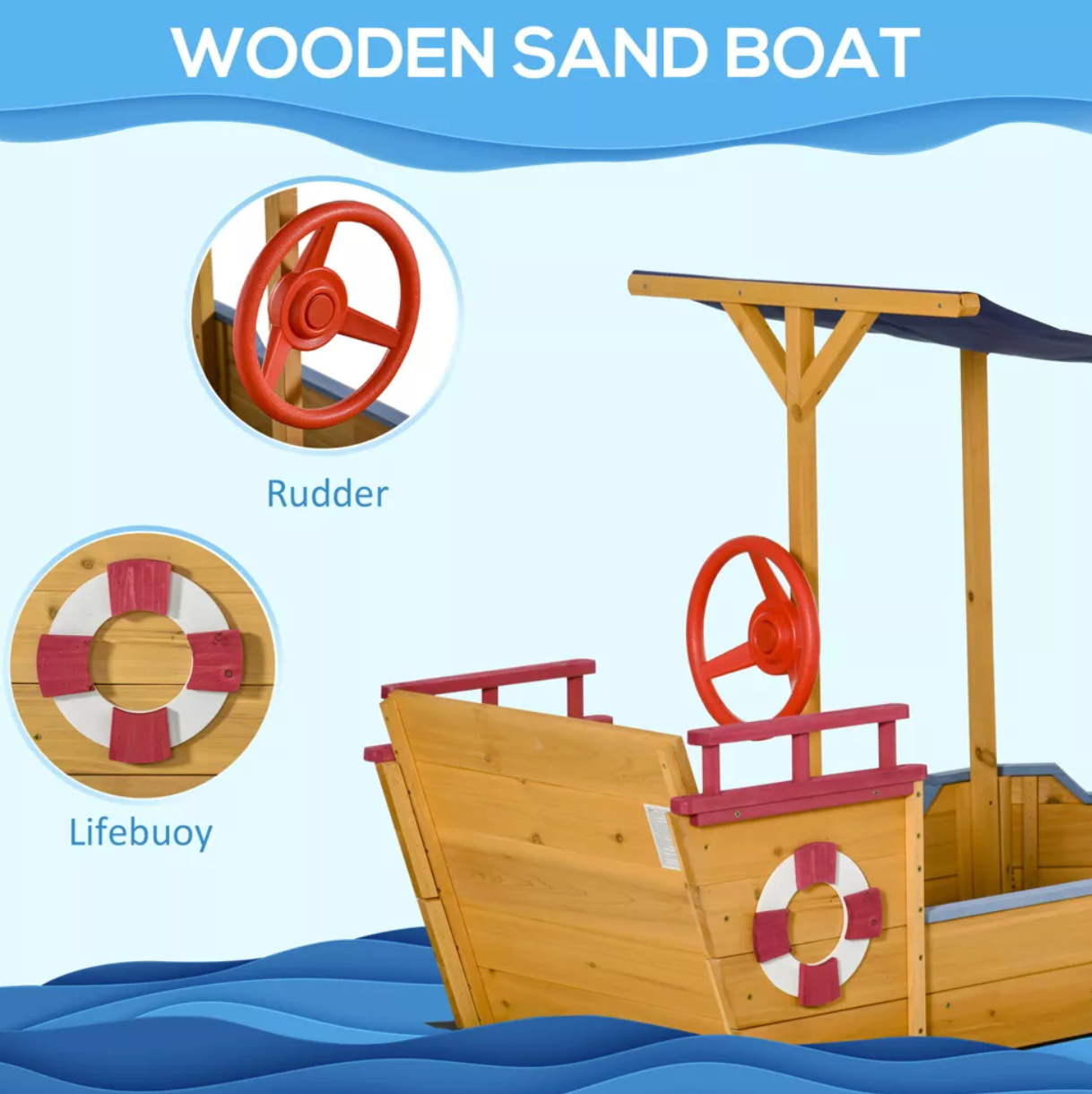 Wooden sand boat with rudder and lifebuoy on a blue wave background