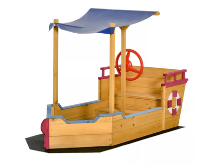 Children's wooden pirate ship playset with a blue canopy on a white background