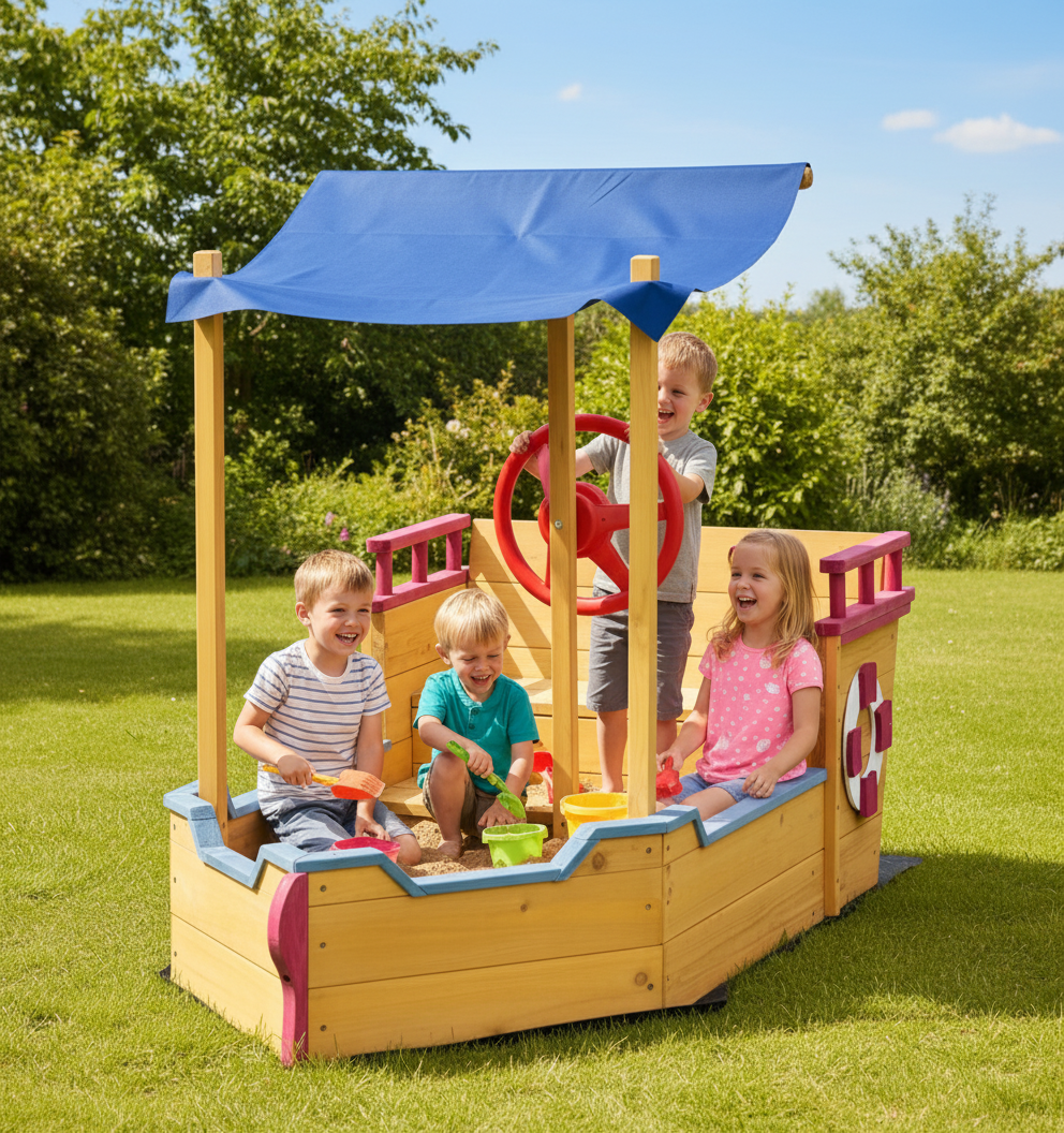 Children's playhouse with a blue roof and red steering wheel against a green hedge background
