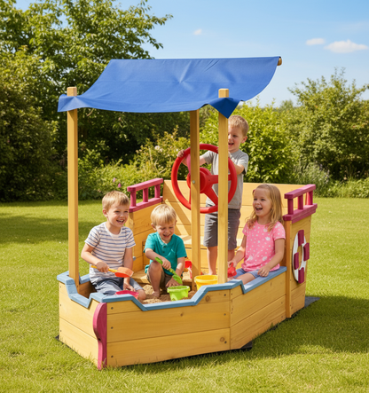 Children's playhouse with a blue roof and red steering wheel against a green hedge background