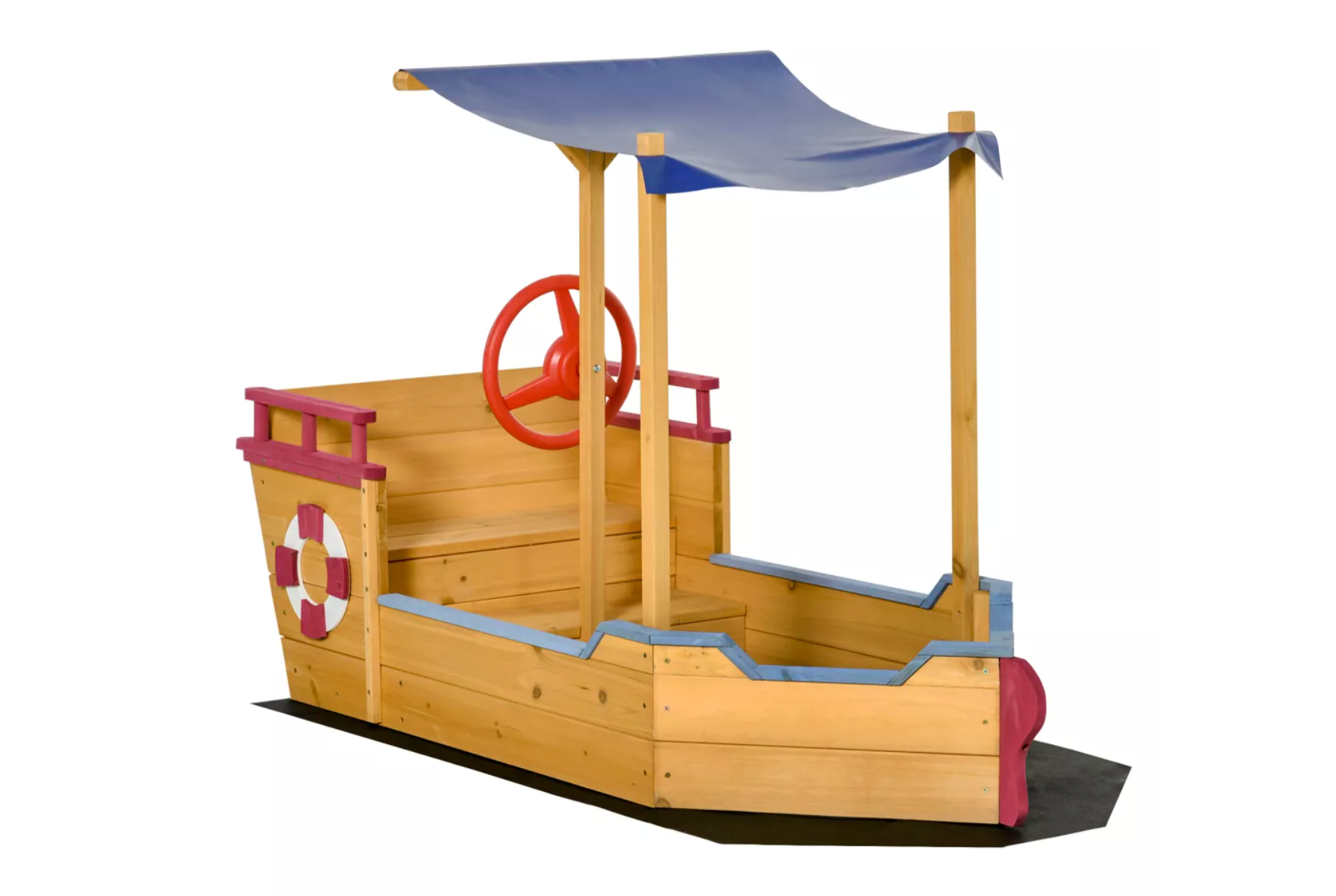 Wooden toy boat with canopy and steering wheel on a white background