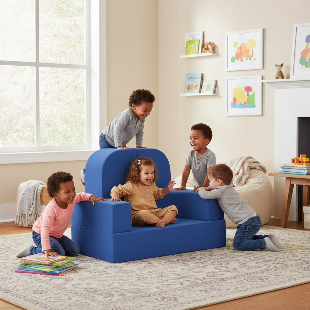 Children playing around a blue children's chair in a living room.