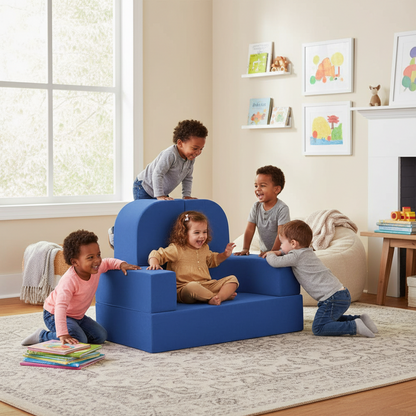 Children playing around a blue children's chair in a living room.