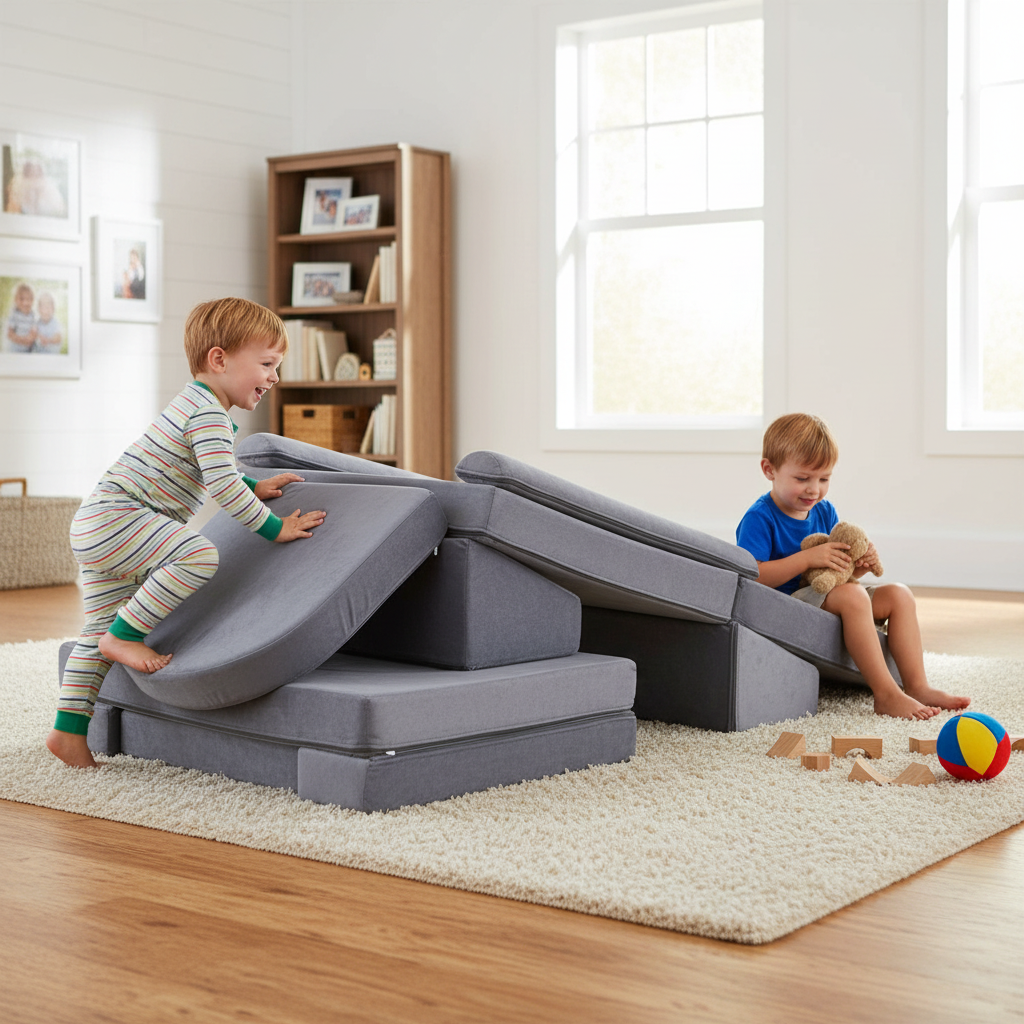 Children playing on a gray play couch in a bright living room.