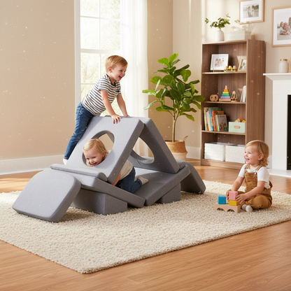 Children playing with a gray play structure in a home setting.