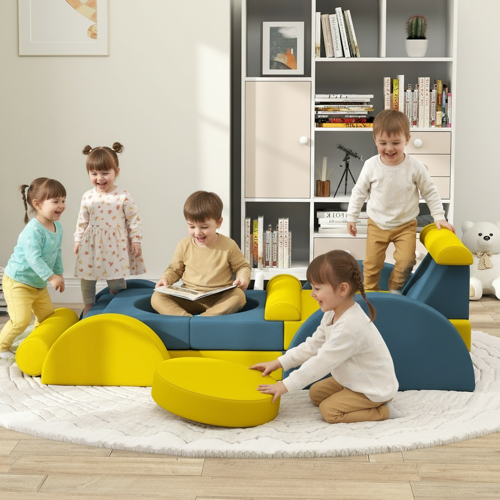 Children playing on colorful play furniture in a room with books and toys.
