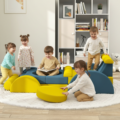 Children playing on colorful play furniture in a room with books and toys.