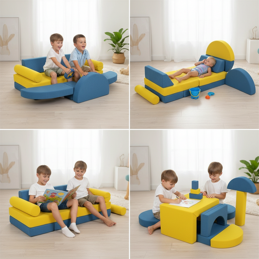 Children playing with a blue and yellow modular play set in a room.