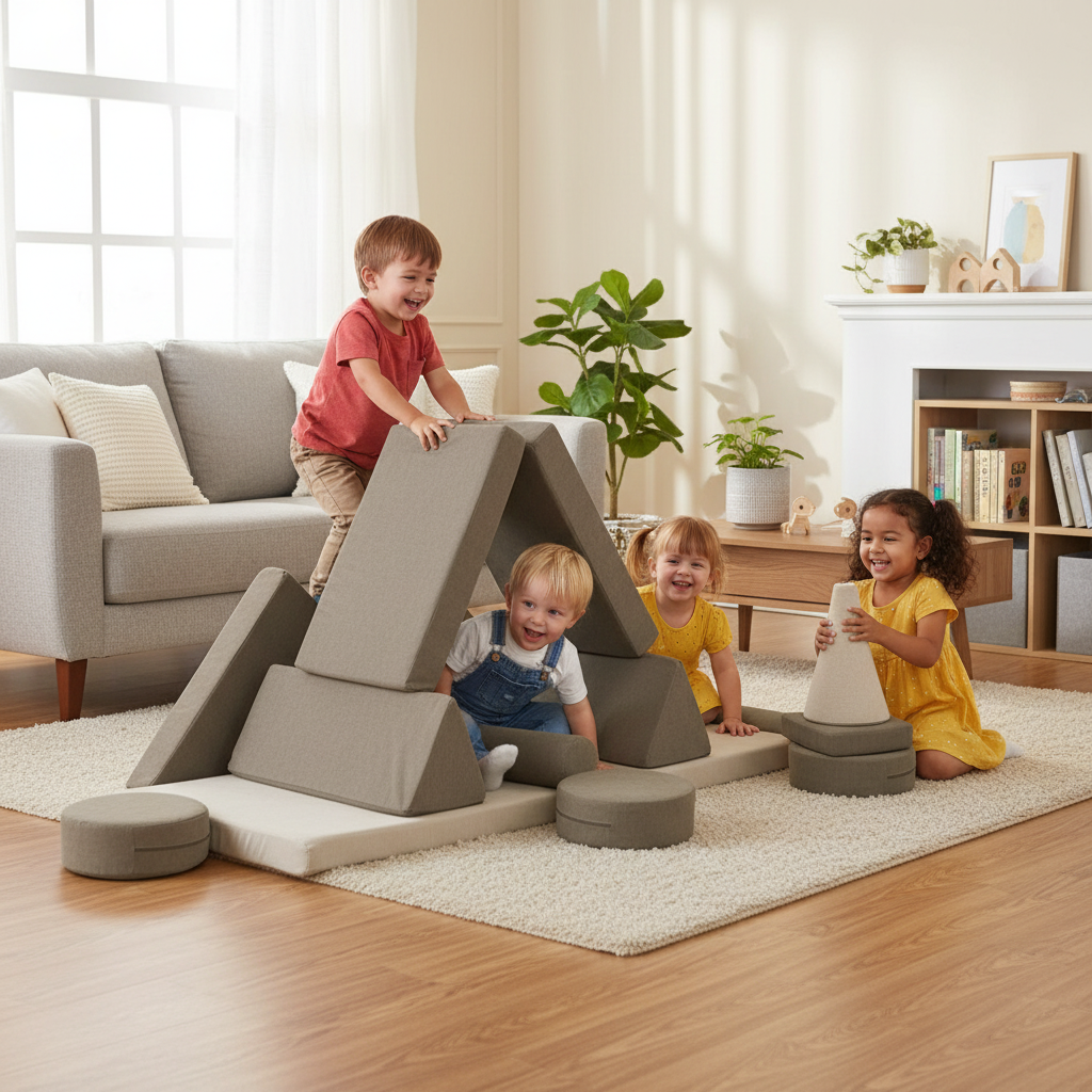 Children playing with a foam play set in a living room.