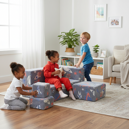 Children playing with soft blocks on a sofa in a living room.