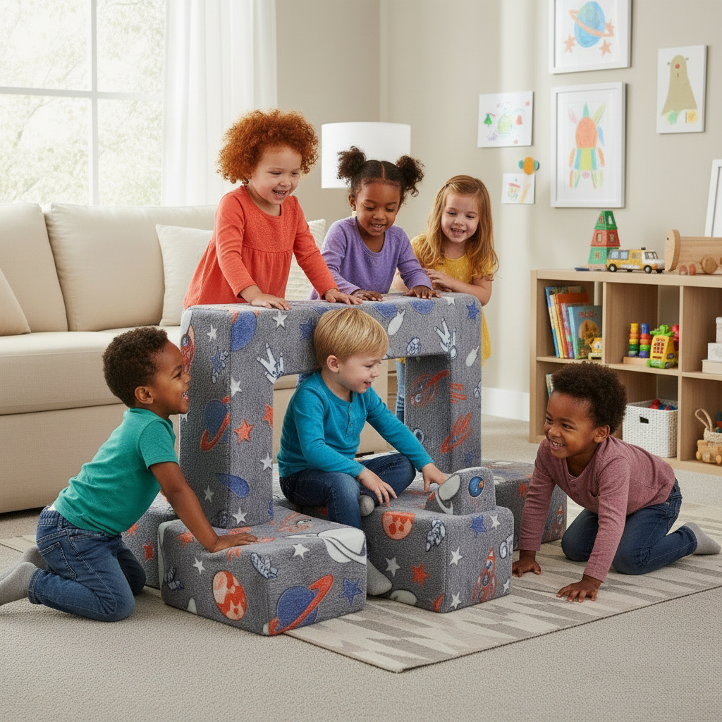 Children playing with a set of gray foam blocks shaped like letters in a living room.