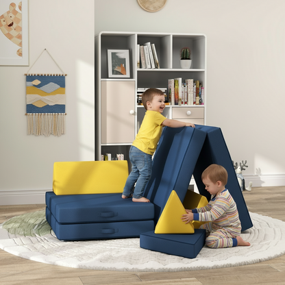 Children playing with a blue and yellow play set in a room with a bookshelf and decor.