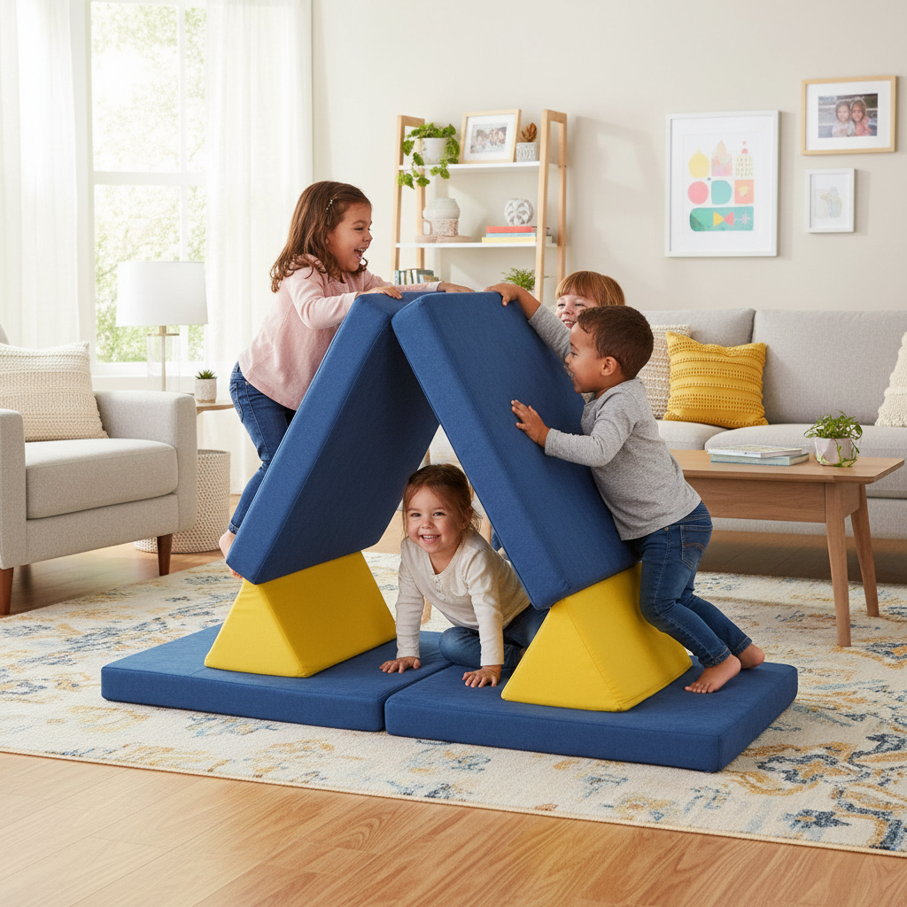 Children playing on a blue and yellow foam play structure in a living room.
