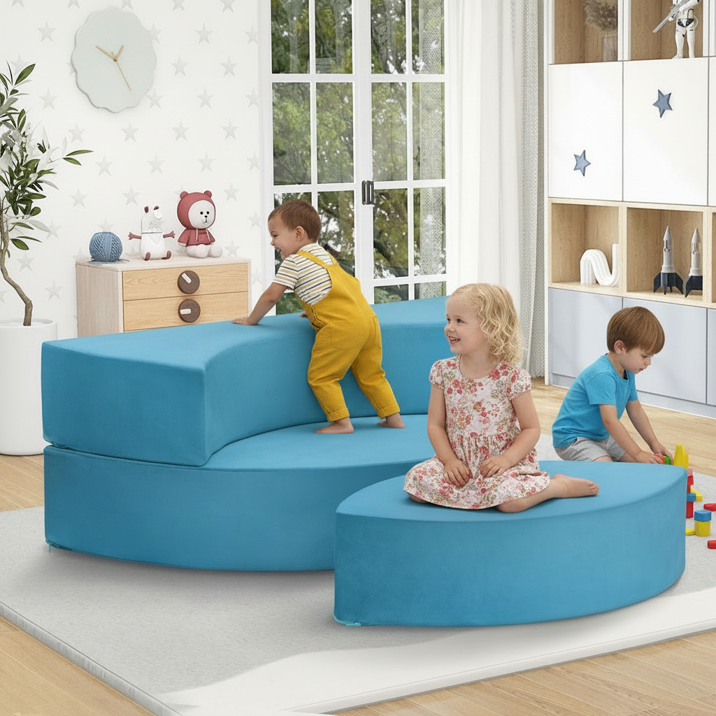 Children playing on a blue modular sofa in a bright room with toys and furniture.