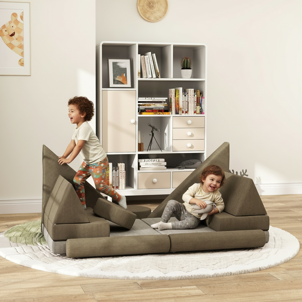 Children playing on a modern sofa in a room with a bookshelf.