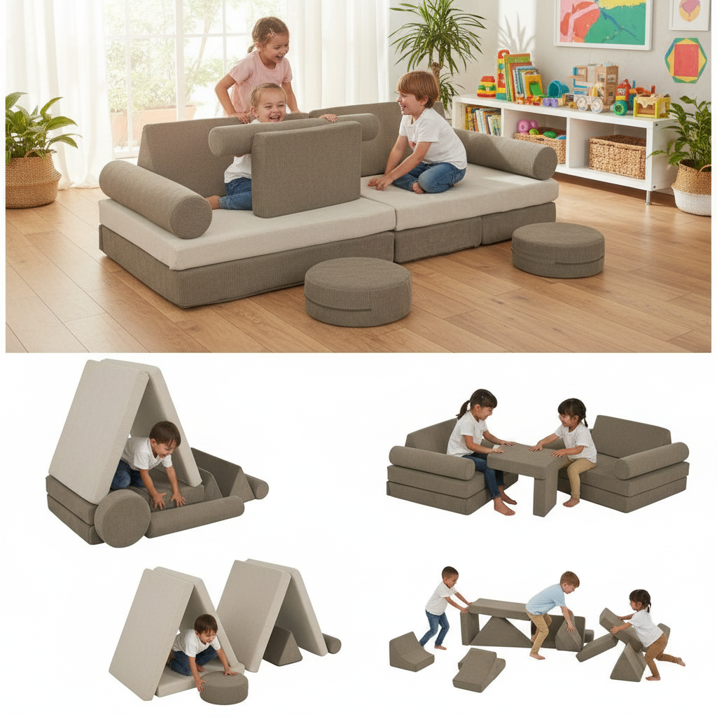 Children playing on a modular sofa set in a room with toys and plants.
