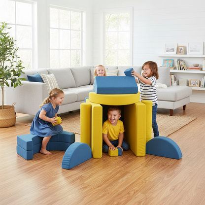 Children playing with colorful foam blocks in a living room.