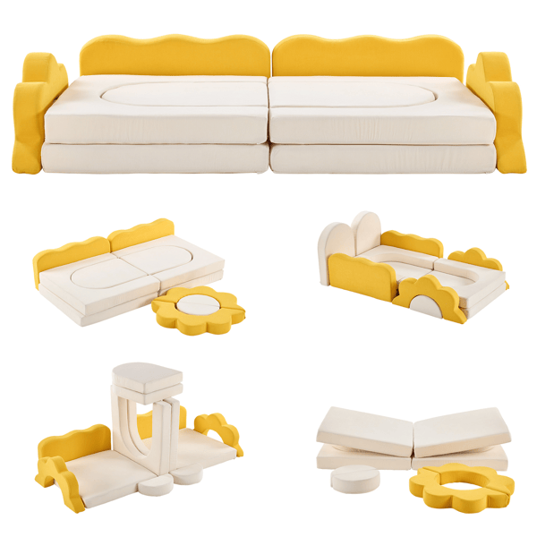 SunnyNest™ 12-piece modular kids play couch by Little Play World, shown assembled with colorful cushions and soft fabric.