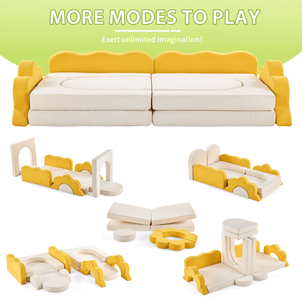 Little Play World SunnyNest 12-piece modular kids play couch set with colorful cushions and soft fabric for indoor play.