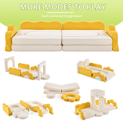 Little Play World SunnyNest 12-piece modular kids play couch set with colorful cushions and soft fabric for indoor play.
