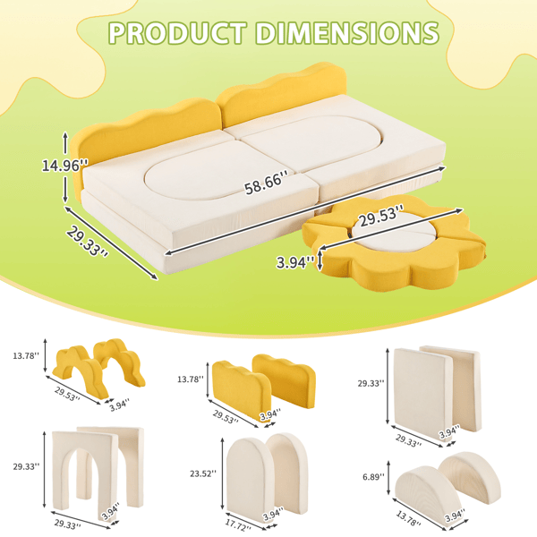 SunnyNest™ 12-Piece Modular Kids Play Couch by Little Play World, colorful foam cushions arranged in a playful setup.