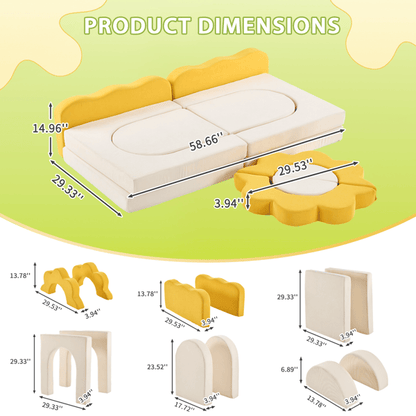 SunnyNest™ 12-Piece Modular Kids Play Couch by Little Play World, colorful foam cushions arranged in a playful setup.