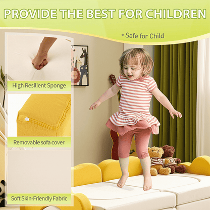 SunnyNest™ 12-piece modular kids play couch by Little Play World with colorful soft cushions and versatile seating arrangements.