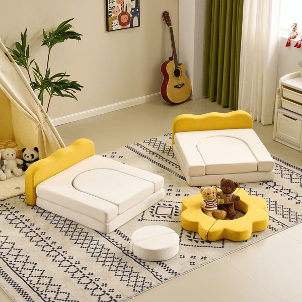 Little Play World SunnyNest 12-piece modular kids play couch with colorful cushions and soft fabric for children’s play area.
