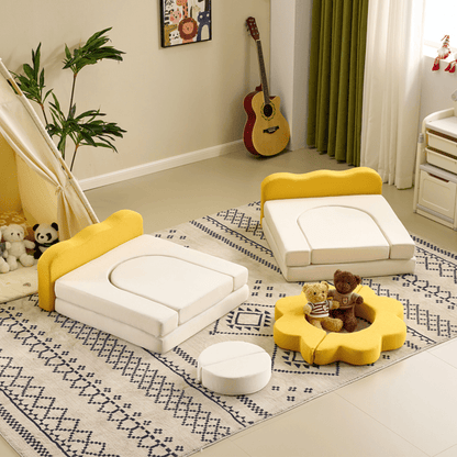Little Play World SunnyNest 12-piece modular kids play couch with colorful cushions and soft fabric for children’s play area.