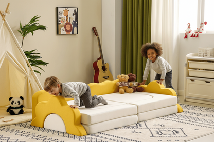 SunnyNest™ 12-piece modular kids play couch by Little Play World, colorful foam cushions arranged for children's play area.