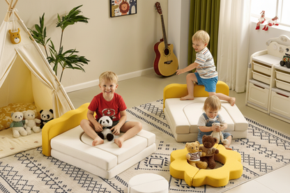 Little Play World SunnyNest 12-piece modular kids play couch with colorful cushions and soft fabric, designed for children’s play area.