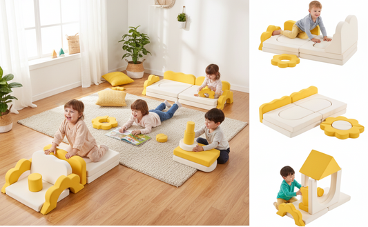 Little Play World SunnyNest 12-piece modular kids play couch with colorful foam cushions and soft fabric covers for children’s play area.