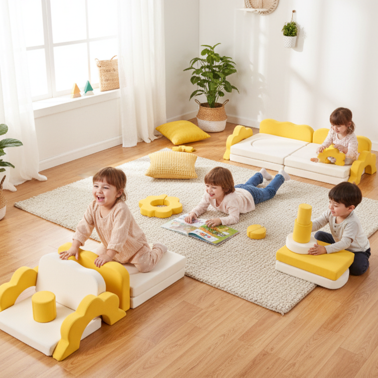 SunnyNest™ 12-piece modular kids play couch by Little Play World, colorful foam cushions arranged for play and seating.