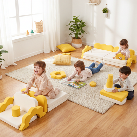 SunnyNest™ 12-piece modular kids play couch by Little Play World, colorful foam cushions arranged for play and seating.