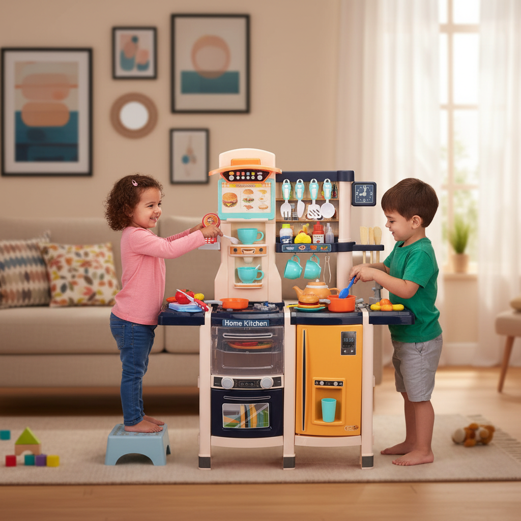 Two children playing with a toy kitchen set in a living room.