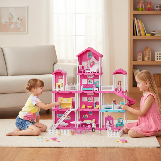 Two children playing with a pink dollhouse in a living room.