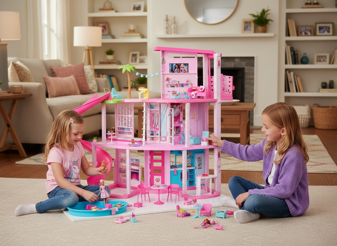 Two children playing with a pink toy dollhouse in a living room.