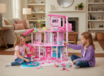 Two children playing with a pink toy dollhouse in a living room.