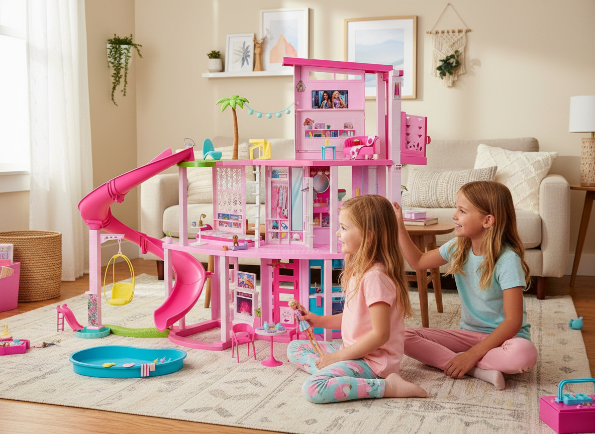 Two children playing with a pink dollhouse and accessories in a living room.