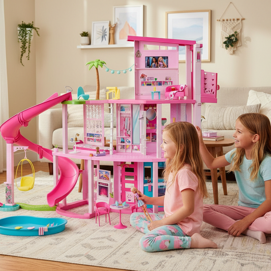 Little Play World DreamCove wooden dollhouse for kids, featuring a play kitchen with detailed furniture and accessories inside.