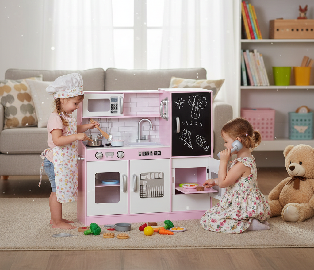 Little Play World DreamKitchen Deluxe kids play kitchen with stove, sink, and colorful cabinets for imaginative play.