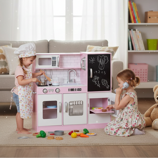 Little Play World DreamKitchen Deluxe kids play kitchen with stove, sink, and countertop for imaginative play.
