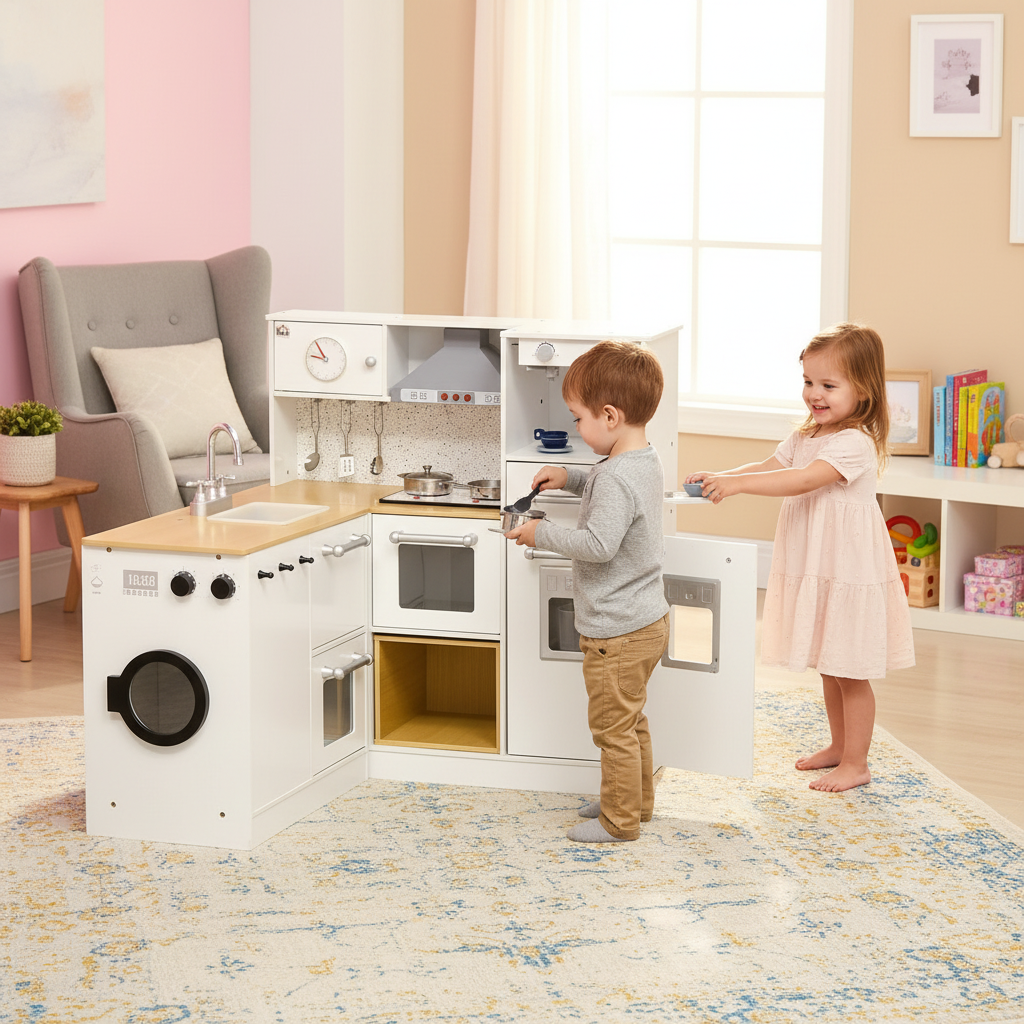 Children playing with a toy kitchen set in a room with a pink wall and bookshelf.