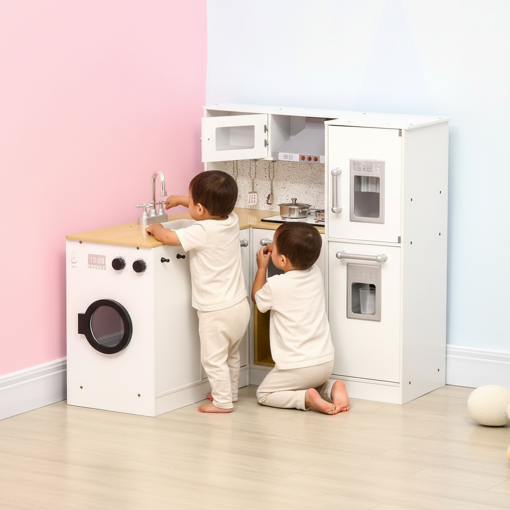 Two children playing with a toy kitchen set in a room with pink walls.