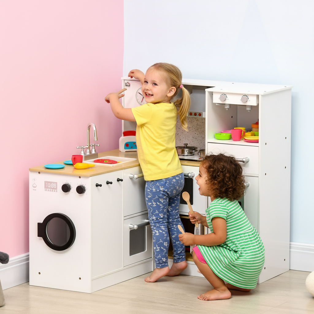 Two children playing with a toy kitchen set in a room with pink walls.