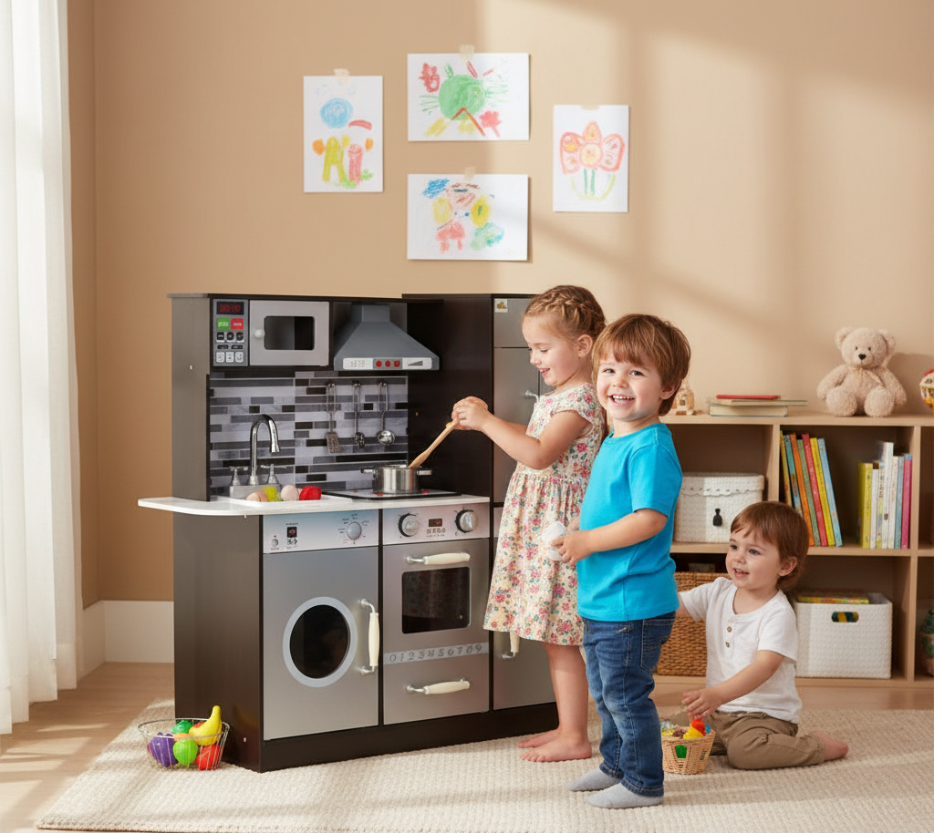 Children playing with a toy kitchen set in a room with books and a teddy bear on shelves.