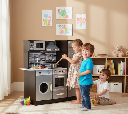 Children playing with a toy kitchen set in a room with books and a teddy bear on shelves.