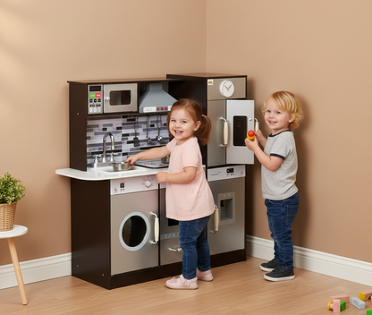 Two children playing with a toy kitchen set against a beige wall.