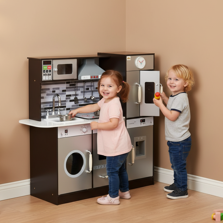 LittleChef™ wooden kids play kitchen set with realistic lights and sounds, featuring stove, sink, and pretend cooking accessories.