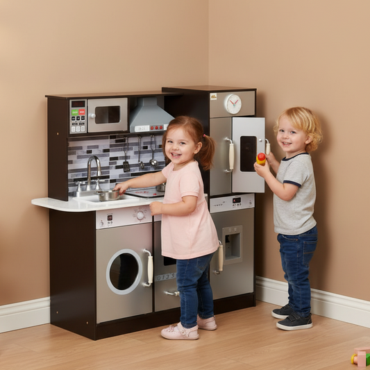 LittleChef™ wooden kids play kitchen set with realistic lights and sounds, featuring stove, sink, and pretend cooking accessories.